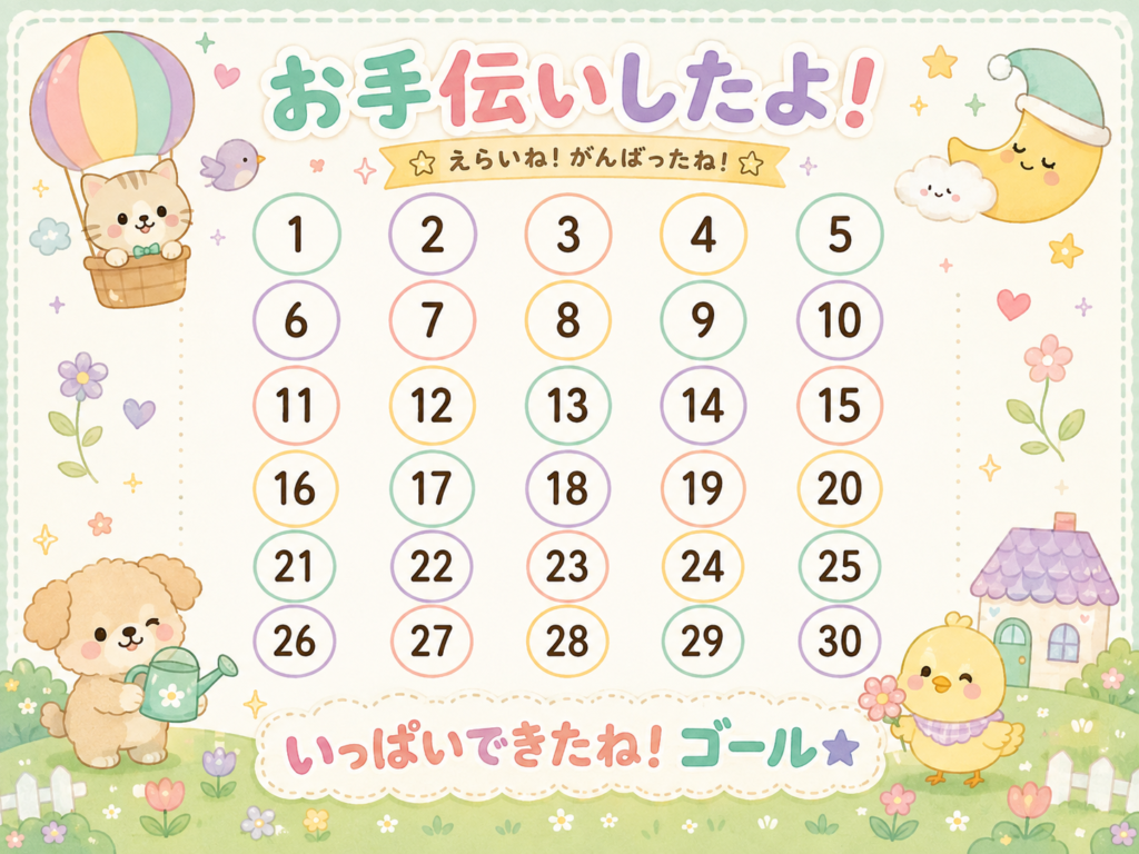 1から30までの数字が並んだ、動物と花のかわいい子ども向けお手伝いポイント表