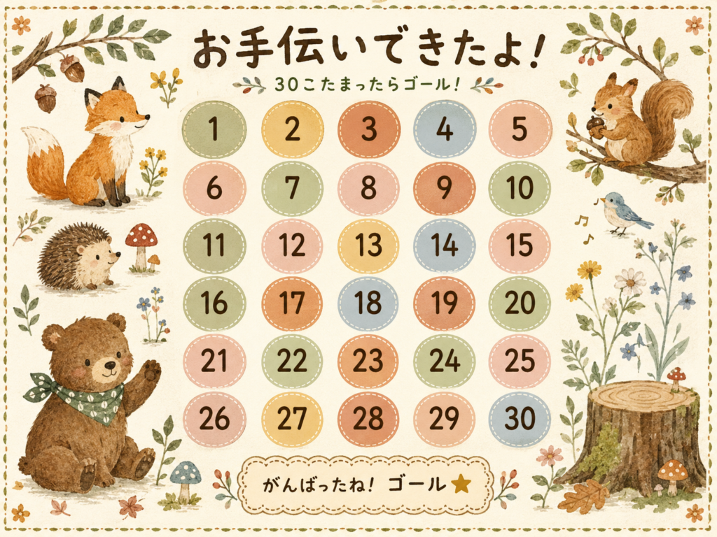 1から30までの数字が並んだ、森の動物たちのお手伝いポイント表