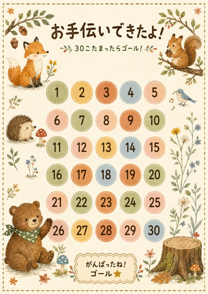 森の動物たちが描かれた「お手伝いできたよ!」30マスのごほうびシール台紙。1から30までの丸いマスが並ぶA4縦長デザイン。