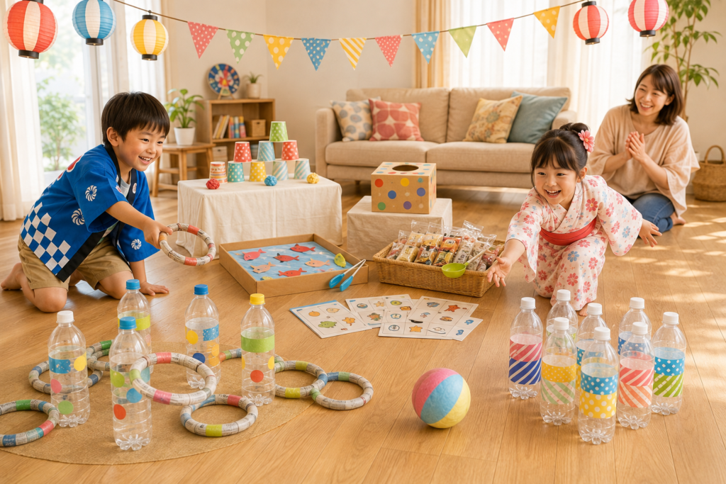 ペットボトル輪投げやボウリングなど、手作りのおうち縁日を楽しむ子どもたち