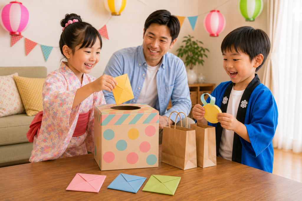 浴衣姿の女の子が手作りの箱から大きな紙くじを引き、家族で楽しむ様子