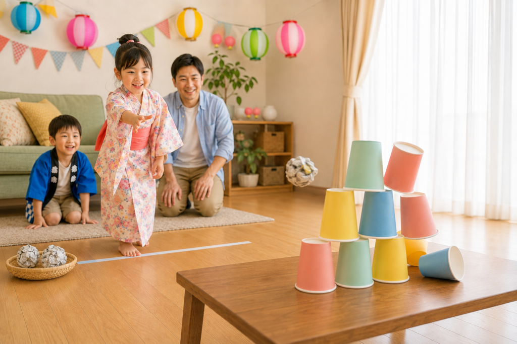 浴衣姿の女の子が丸めた新聞紙を投げ、積み上げた紙コップを倒して遊ぶ様子