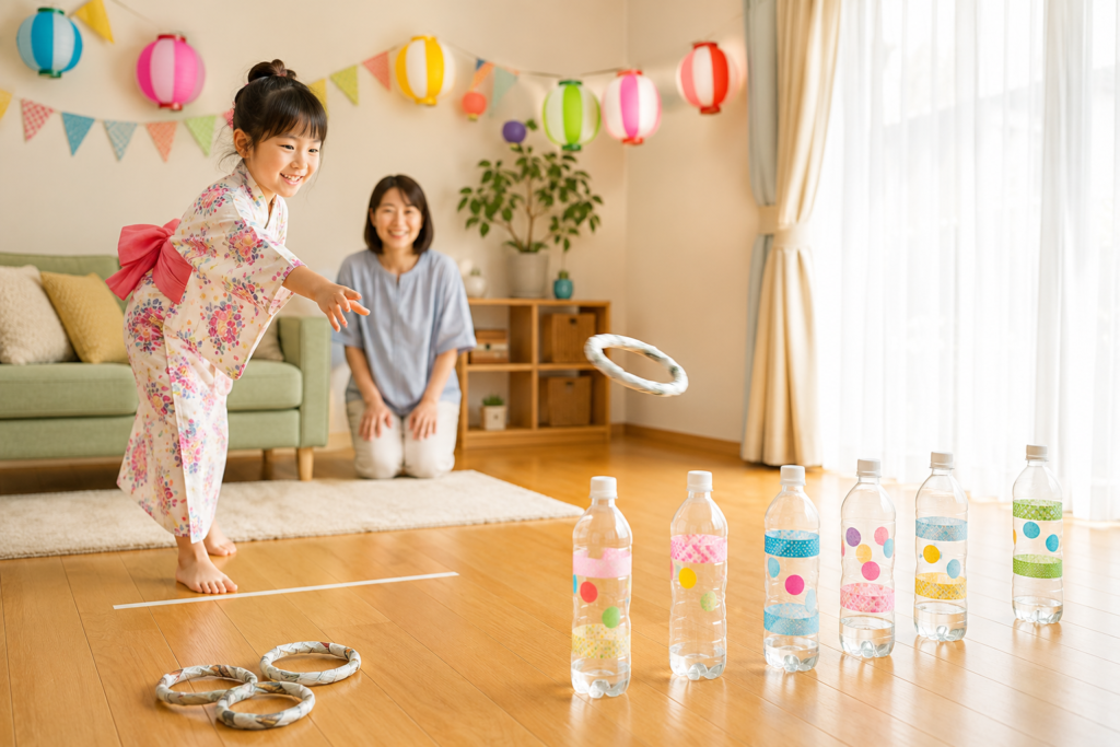浴衣姿の子どもが手作りのペットボトル輪投げを楽しむ様子