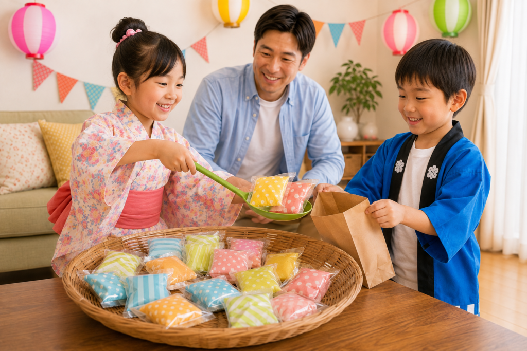 浴衣姿の女の子が個包装のお菓子をおたまですくい、紙袋へ入れる様子