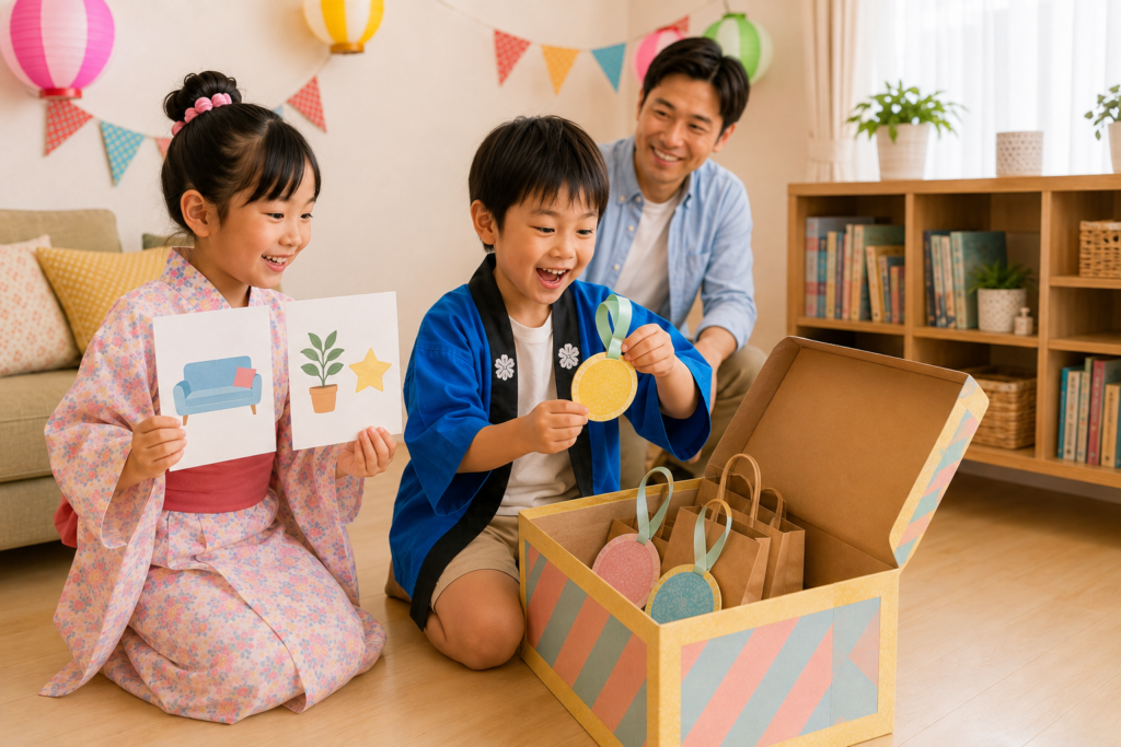 ヒントカードを手にした子どもたちが、宝箱から手作りメダルを見つけて喜ぶ様子