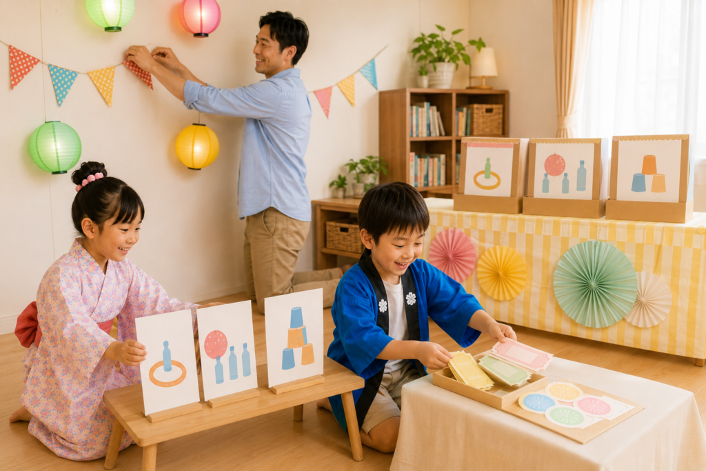 家族で提灯やガーランド、遊びの案内カードを飾り、おうち縁日の会場を準備する様子