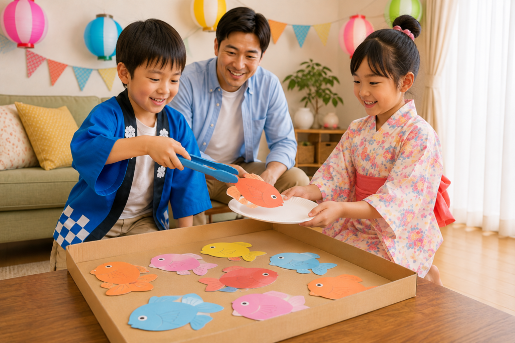 子どもたちがトングで大きな紙の金魚をすくう、水なし金魚すくいの様子