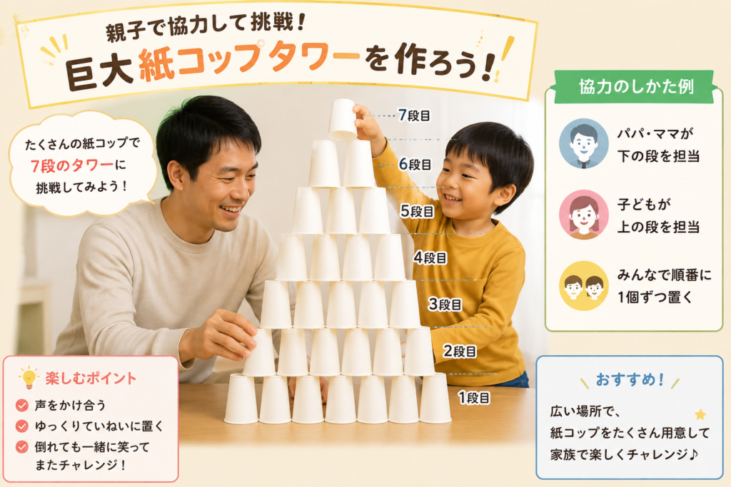 親子で協力しながら白い紙コップを積み上げ、7段の大きな紙コップタワー作りに挑戦している様子をまとめた画像