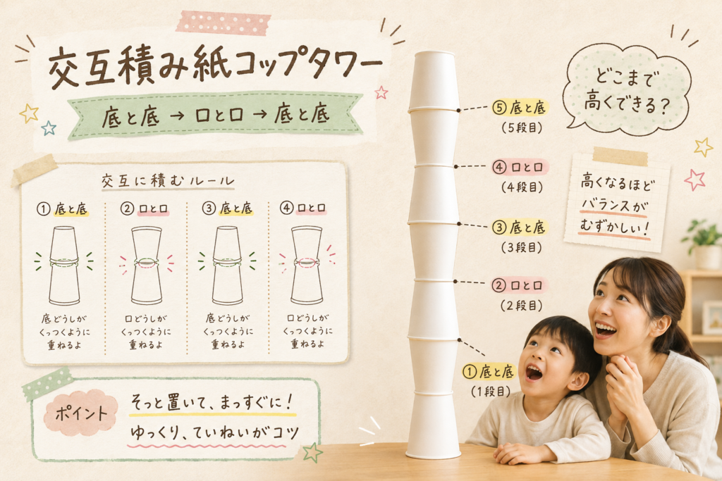 紙コップの底と底、口と口を交互に重ねて、縦に高く積み上げる交互積み紙コップタワーの遊び方を示した画像