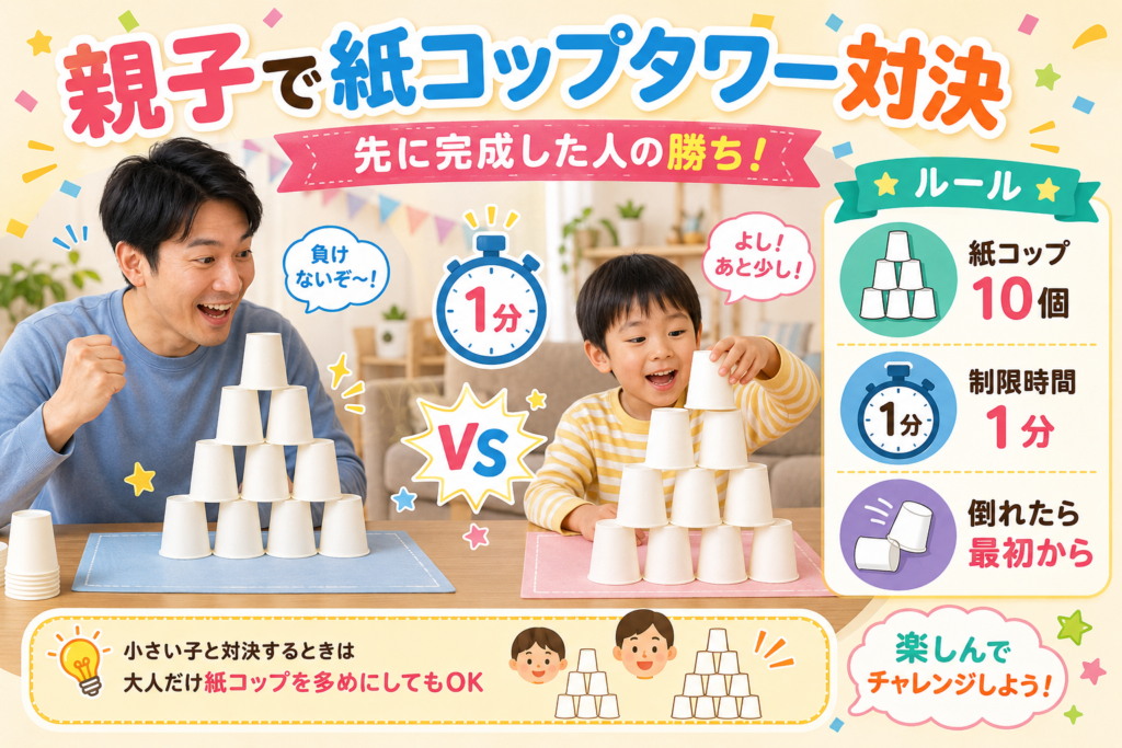 親子で同じ数の紙コップを使い、制限時間1分で紙コップタワー作り対決を楽しむ様子をまとめた画像