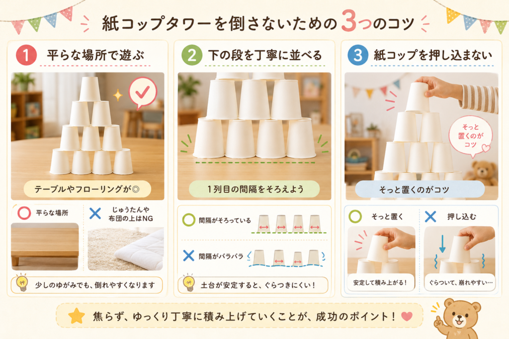 紙コップタワーを倒れにくくするための「平らな場所で遊ぶ・下の段を丁寧に並べる・紙コップを押し込まない」の3つのコツをまとめた解説画像