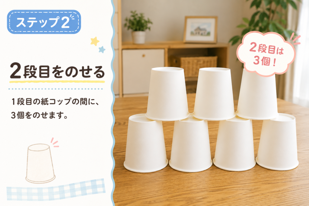 紙コップ4個の上に3個をのせて、紙コップタワーの2段目を作る手順を示した画像