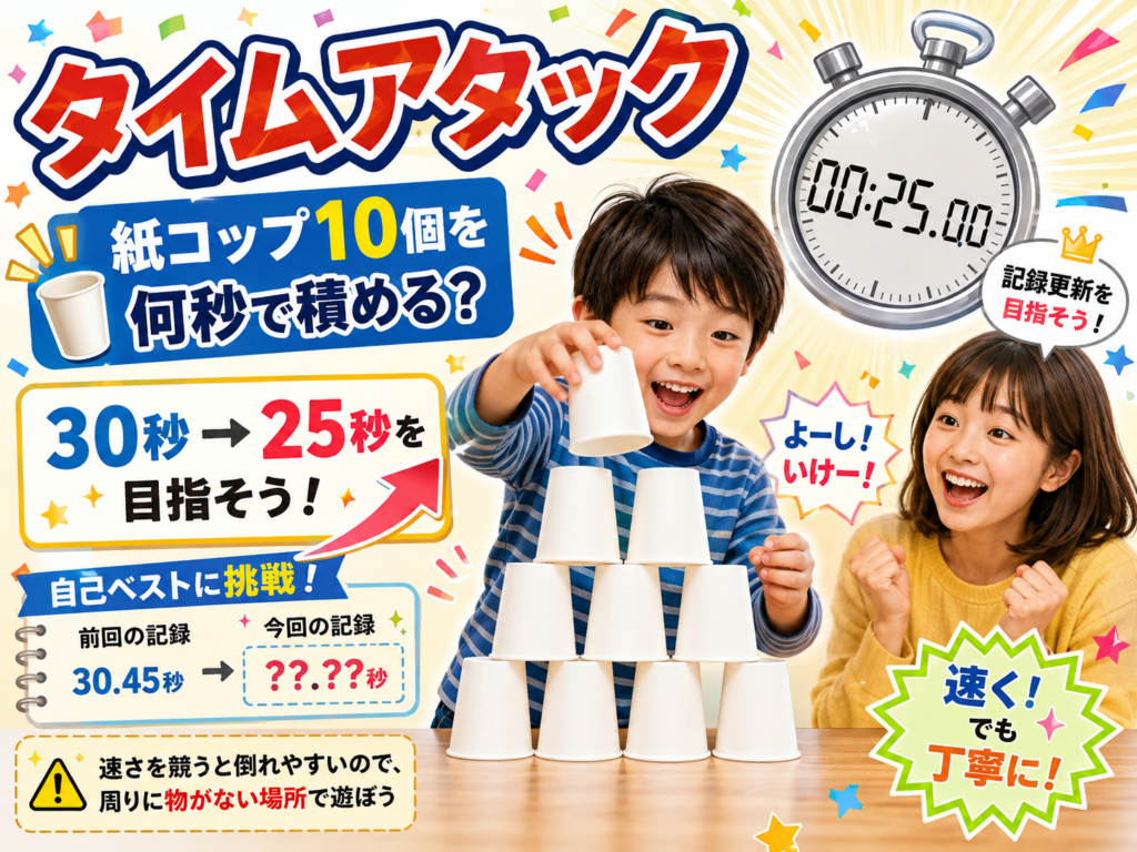 紙コップ10個でタワーを作り、何秒で積めるか親子でタイムアタックに挑戦している様子を示した画像