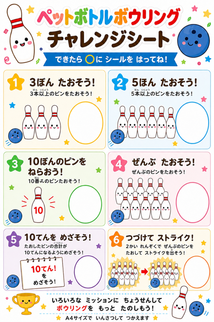 ペットボトルボウリングの6つのミッションに挑戦できる、子ども向けのA4チャレンジシート。3ほん、5ほん、10ばんのピン、ぜんぶ倒す、10てん、つづけてストライクの課題が入ったカラフルなデザイン。