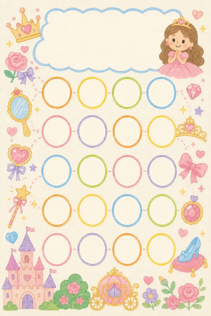 お姫さまとお城、馬車や王冠を描いたかわいい20マスのごほうびシール台紙