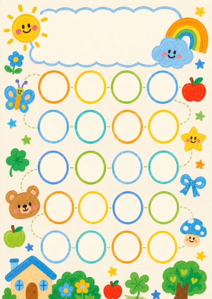 くまやちょうちょ、りんごや草花をデザインした子ども向け20マスの無料シール台紙
