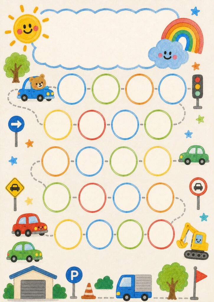 車や信号、工事車両をデザインした子ども向け20マスの無料シール台紙