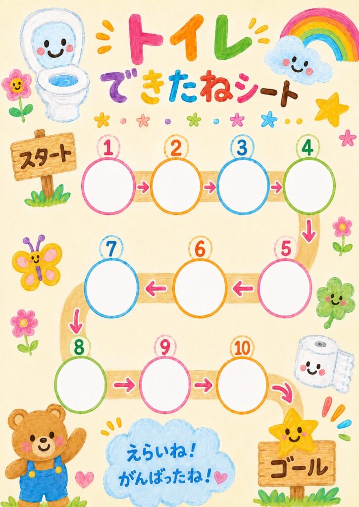 トイレトレーニングに使える無料シール台紙3デザインをまとめたアイキャッチ画像です。トイレできたねシート2種類とうんちできたねシート1種類を一覧で紹介しており、A4印刷用PDFを無料ダウンロードできることがひと目で分かるデザインです。