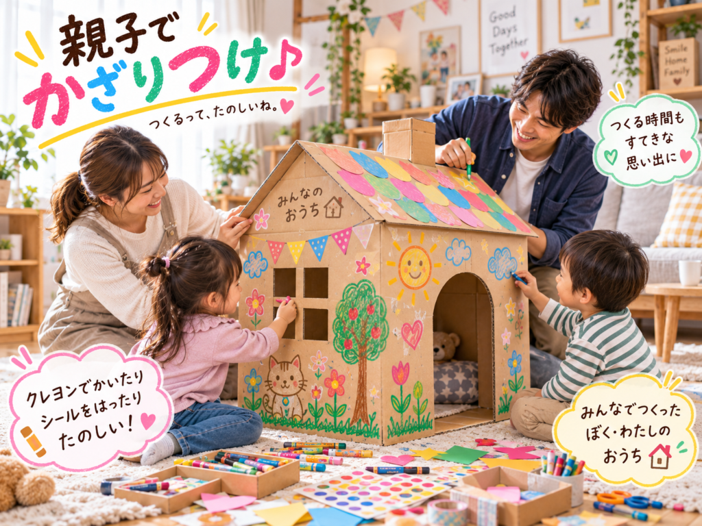 親子でダンボールハウスにクレヨンで絵を描いたり、シールを貼ったりして飾り付けしている様子