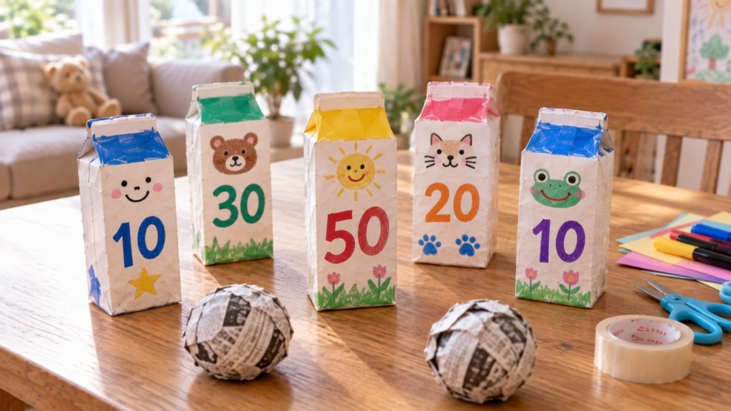 牛乳パックに10点、20点、30点、50点などの点数を書いて並べた手作り的当ての画像。手前には新聞紙を丸めたボールが置かれている。