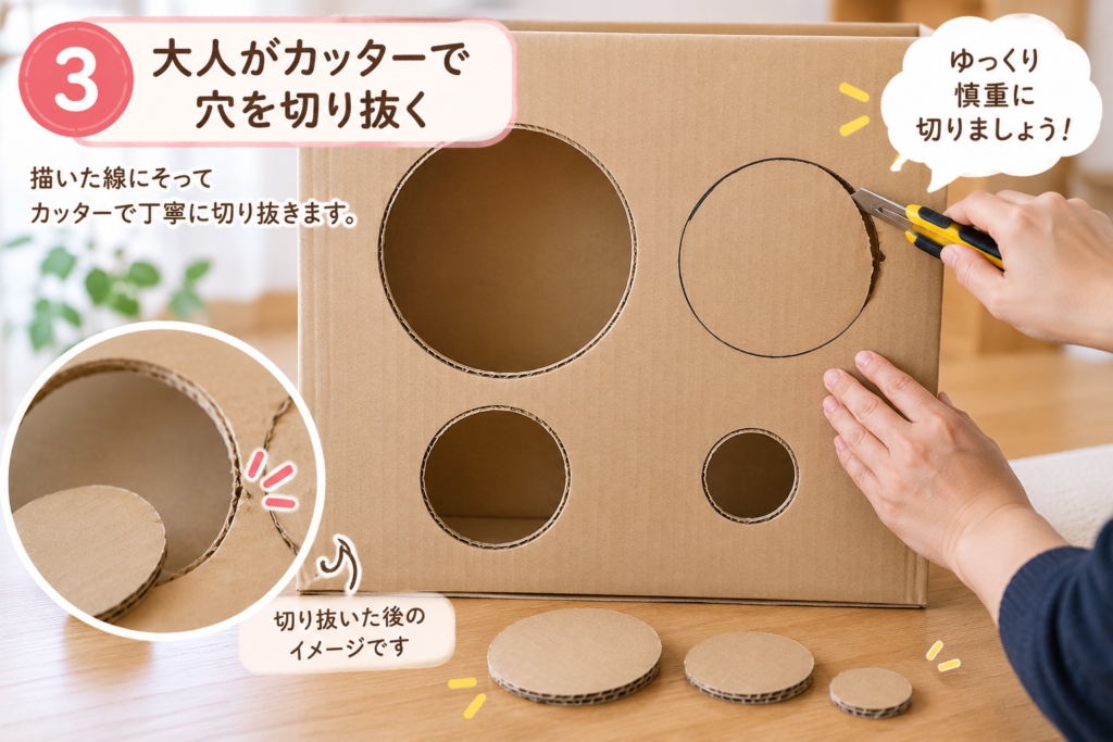 大人がカッターでダンボールの丸い穴を切り抜いている作業工程