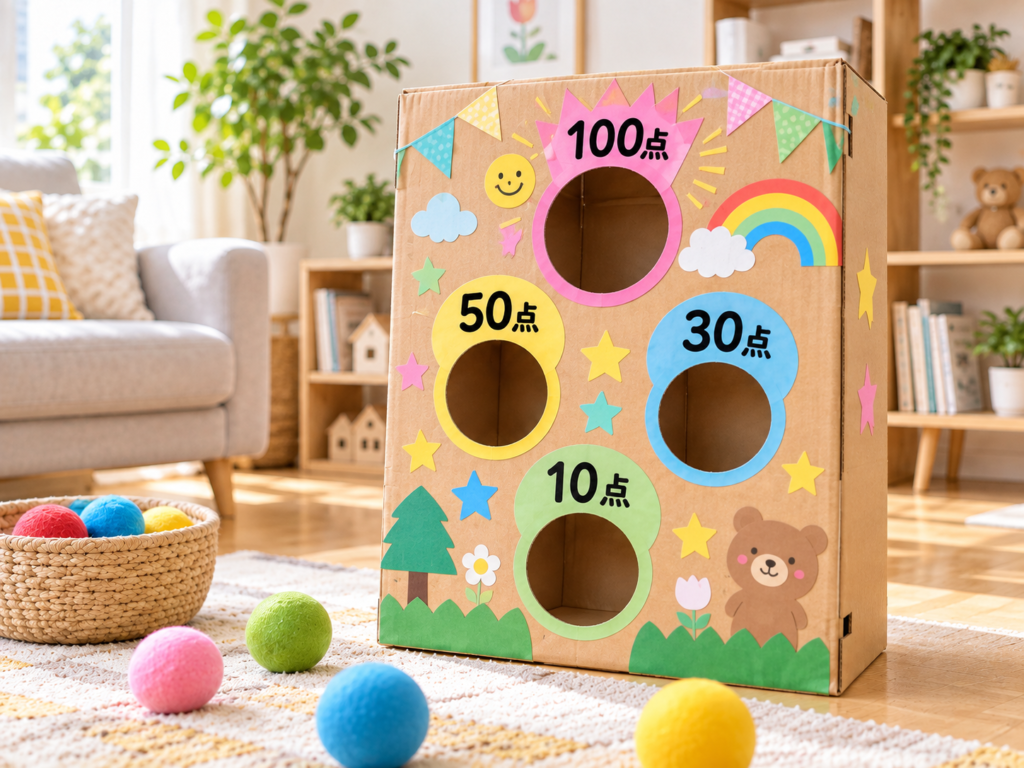 10点・30点・50点・100点の点数を付けたダンボールのボール投げゲーム