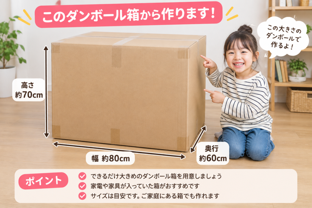 ダンボールハウス作りに使用する大きなダンボール箱。幅約80cm・奥行約60cm・高さ約70cmのサイズ目安を示している