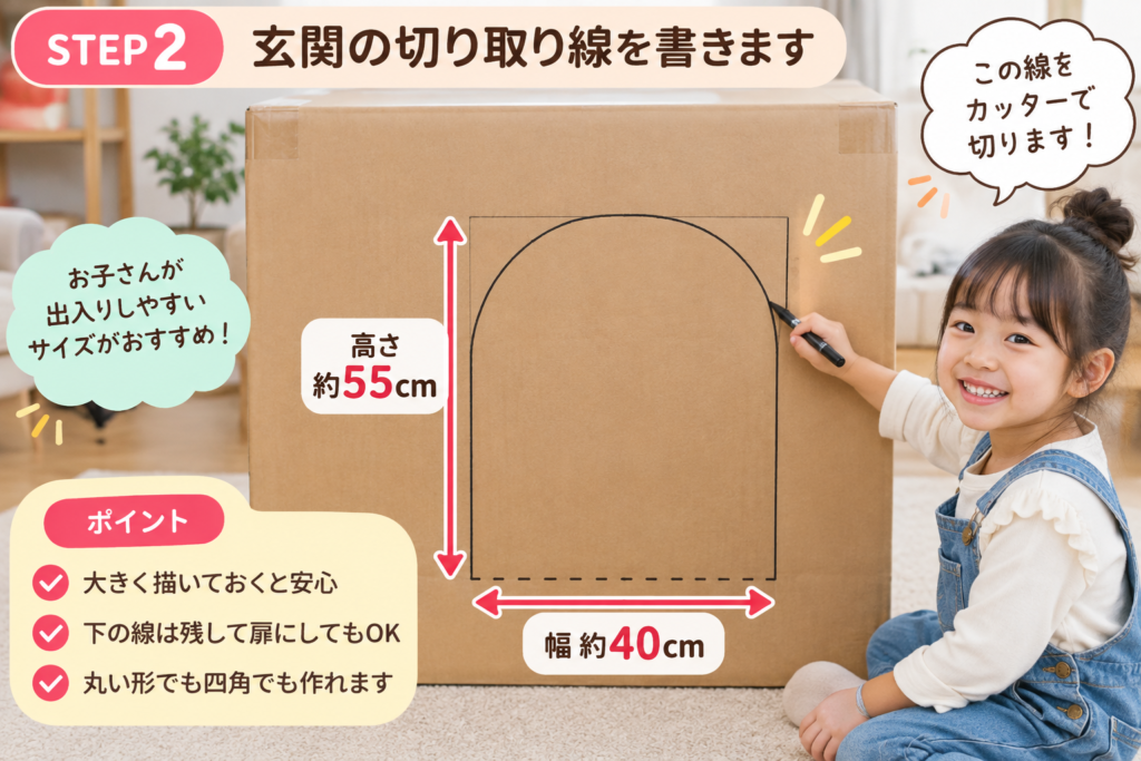 ダンボールハウスの玄関部分に、幅約40cm・高さ約55cmの切り取り線を書いた状態