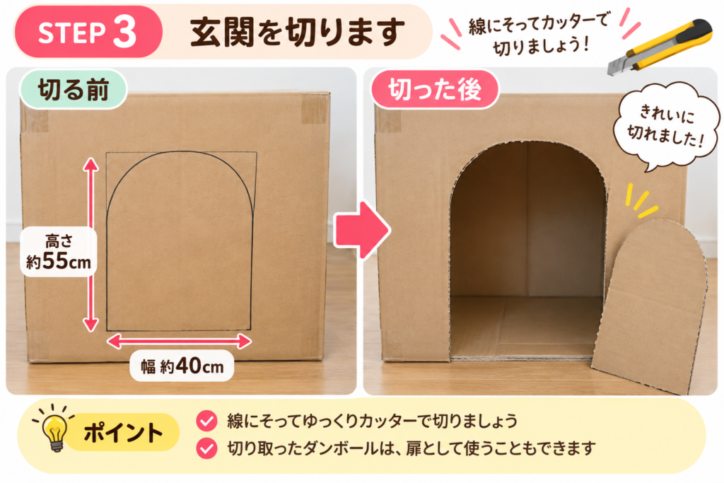 ダンボールハウスの玄関を、幅約40cm・高さ約55cmの切り取り線に沿ってカッターで切る前後の比較