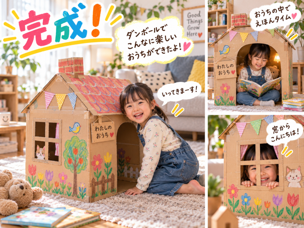 手作りのダンボールハウスで遊ぶ子ども。小さめサイズのおうちに入ったり、窓から顔を出したりして楽しむ様子