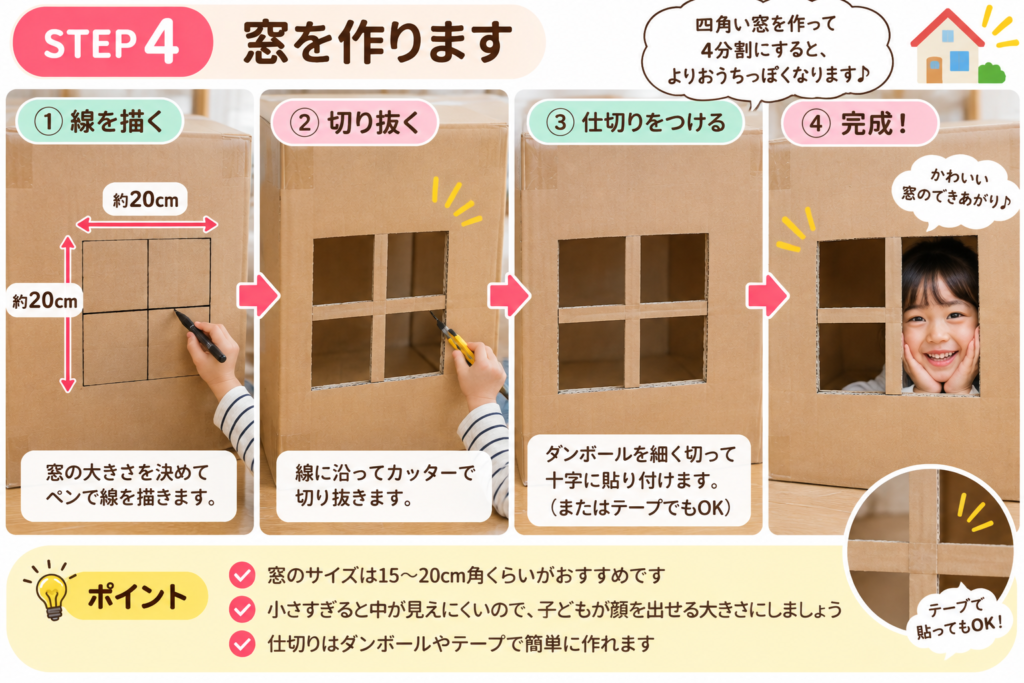 ダンボールハウスの窓を作る工程。約20cm四方の切り取り線を描き、窓を切り抜いて十字の仕切りを付ける流れ