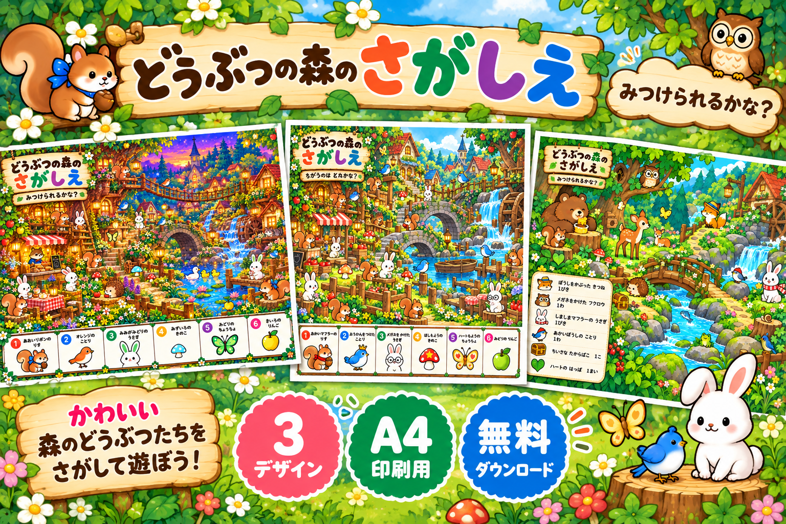 3種類のどうぶつの森のさがし絵プリントを並べた無料配布用のアイキャッチ画像。夕暮れの森、にぎやかな森の村、森の動物たちの3デザインがあり、A4印刷用・無料ダウンロードと案内している。