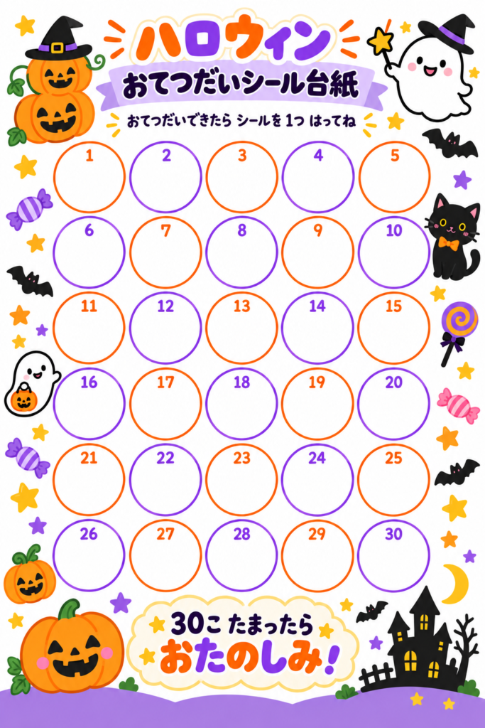 かぼちゃやおばけ、黒猫、お菓子、お城などのハロウィンモチーフが描かれた、30マスのお手伝いシール台紙。「30こたまったら おたのしみ!」の文字入りで、子どもが楽しく続けられるデザイン。