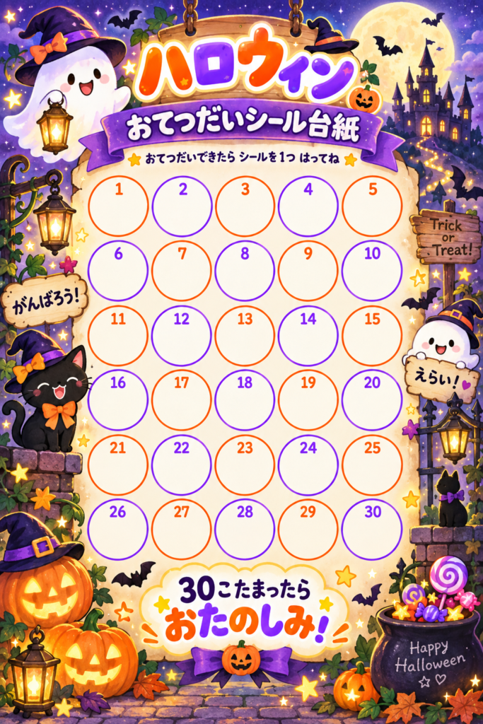 満月やお城、ランタンが光る幻想的なハロウィンの世界の中に、かぼちゃやおばけ、黒猫が描かれた30マスのお手伝いシール台紙。「30こたまったら おたのしみ!」の文字入りで、かわいさと特別感のある縦長デザイン。