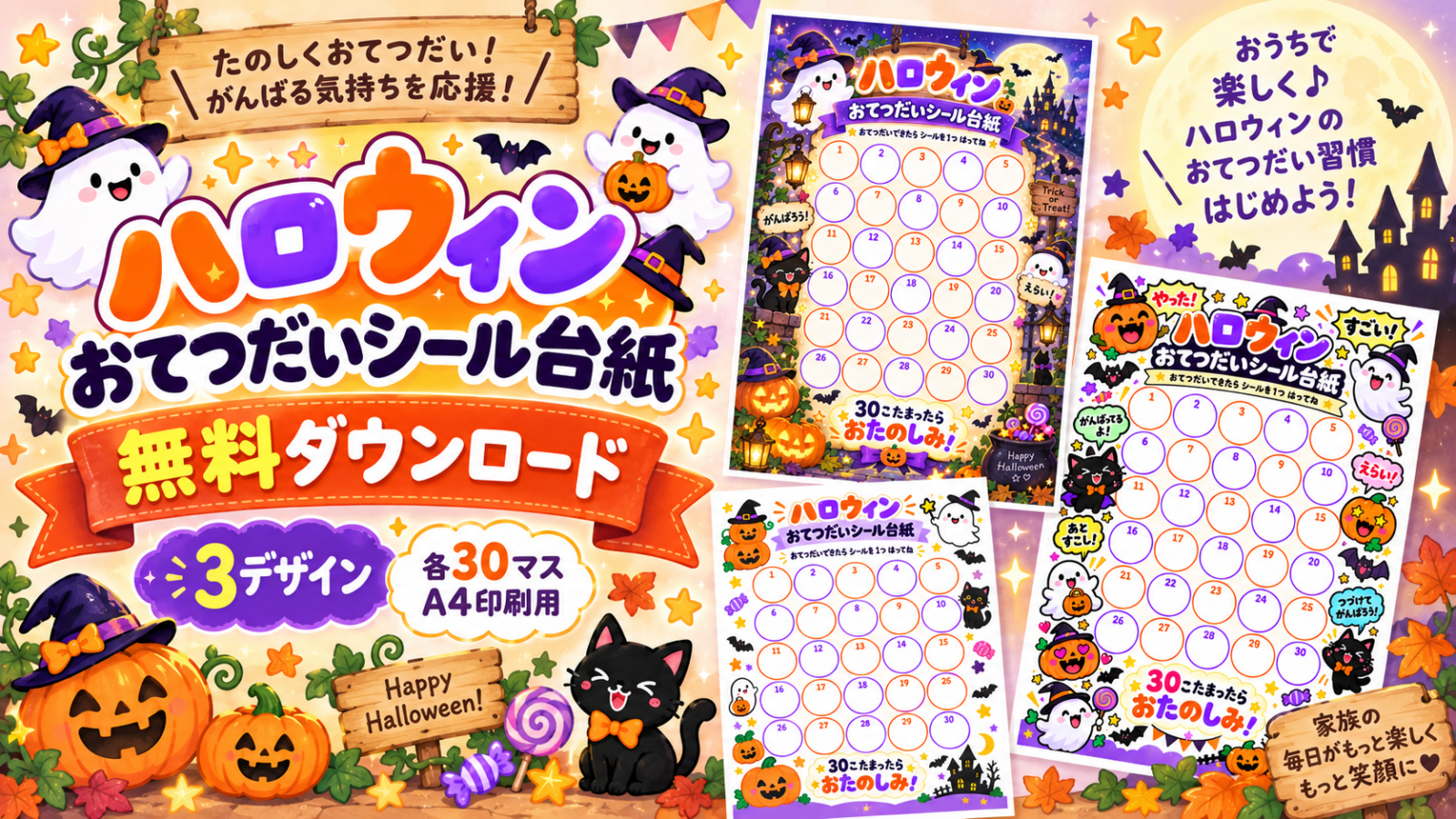 ハロウィンのお手伝いシール台紙3デザインを紹介するアイキャッチ画像。かぼちゃやおばけ、黒猫のイラストと「無料ダウンロード」「各30マス・A4印刷用」の文字入り。