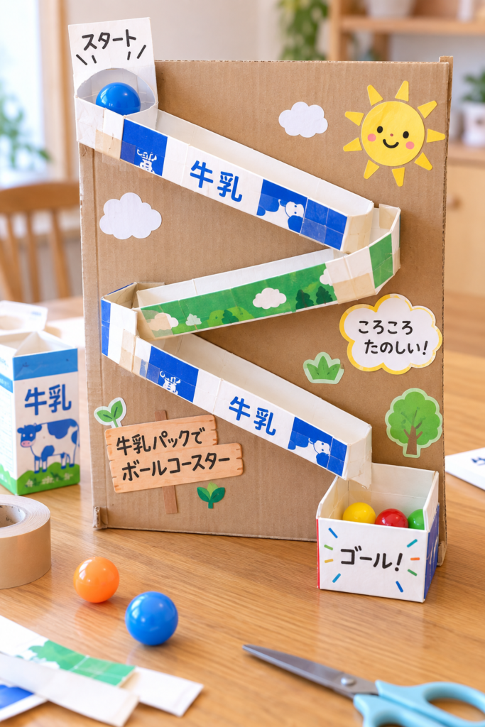 牛乳パックを切って作ったレールをダンボールに取り付けたボールコースターの画像。上から小さなボールを転がし、ジグザグのコースを通ってゴールまで進む仕組みになっている。