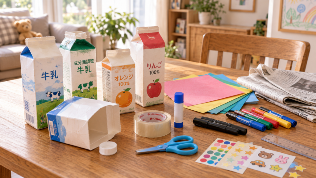 牛乳パック工作に使う材料や道具をテーブルに並べた画像。牛乳パック、はさみ、テープ、折り紙、油性ペン、新聞紙、シールなどが置かれている。