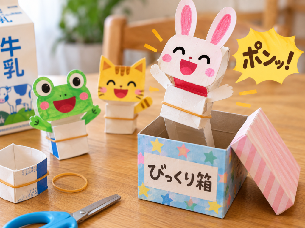 牛乳パックと輪ゴムを使って作ったジャンピングびっくり箱の画像。箱の中からうさぎが飛び出し、カエルやねこの飾りも並んでいる。