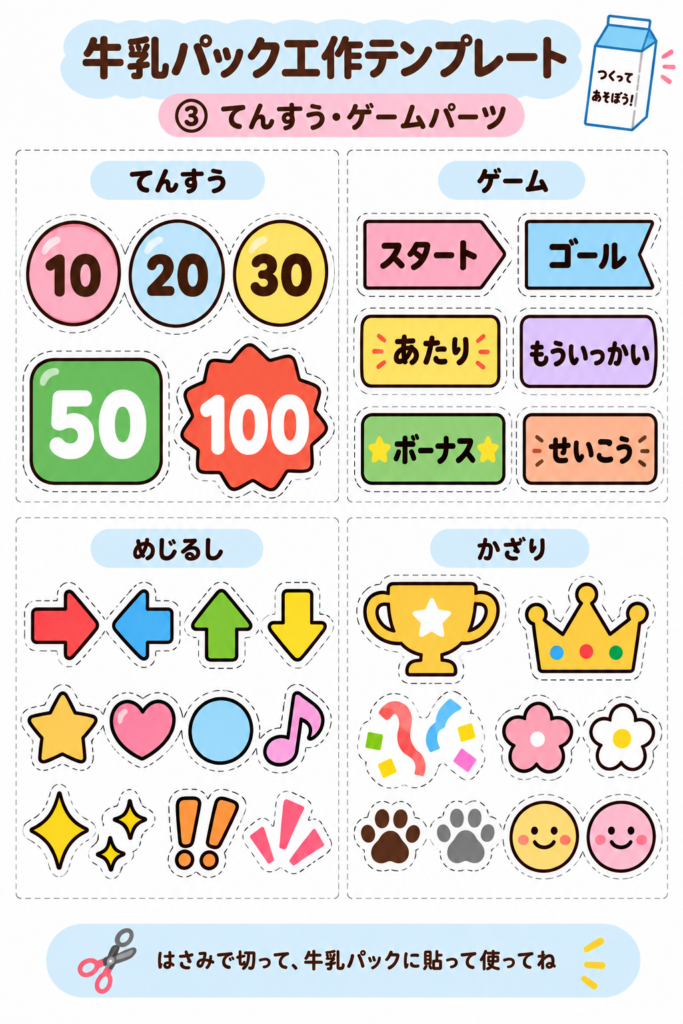 牛乳パック工作に使える、てんすう・ゲームパーツの無料テンプレート。10点、20点、30点、50点、100点の数字や、スタート、ゴール、あたり、もういっかい、矢印、星などのパーツが並んでいる。