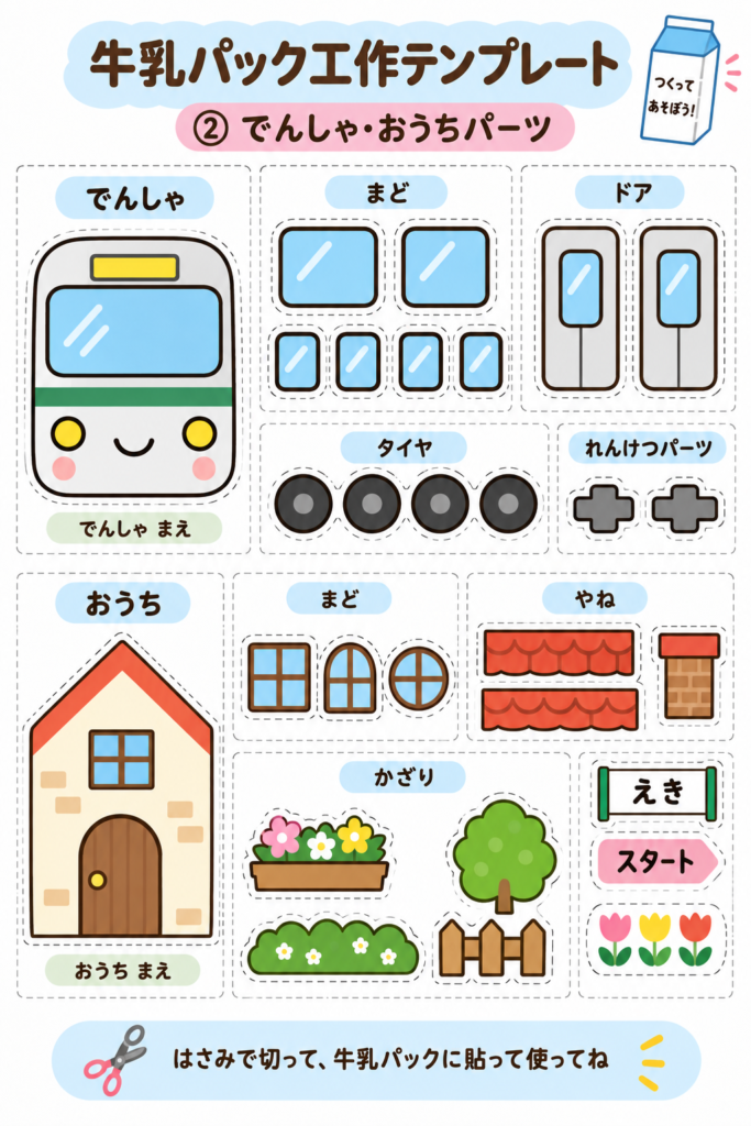 牛乳パック工作に使える、でんしゃ・おうちパーツの無料テンプレート。電車の前面、窓、ドア、タイヤ、おうちの前面、屋根、木や花などの飾りパーツが並んでいる。