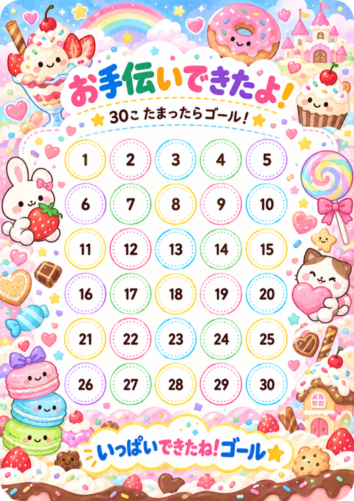 ドーナツやカップケーキ、マカロン、キャンディなどのお菓子を描いた、子ども向けのお手伝いシール台紙30マス