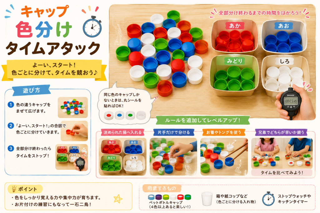 赤・青・緑・白のペットボトルキャップを色ごとに分け、ストップウォッチで時間を計る「キャップ色分けタイムアタック」の遊び方を紹介する画像。