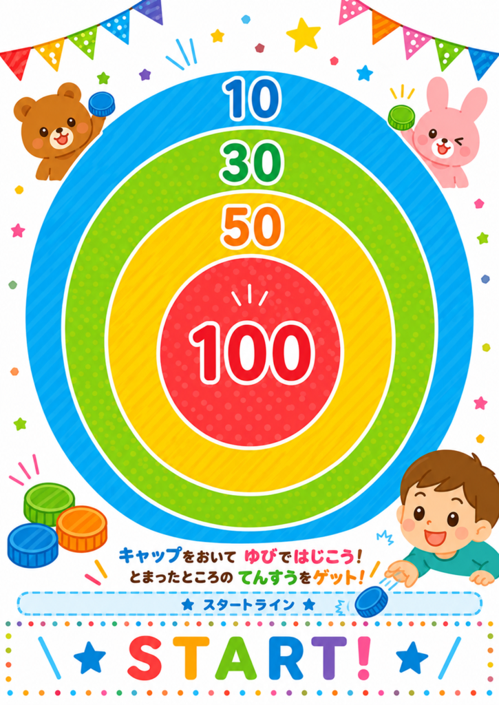 ペットボトルキャップを指ではじいて、10点・30点・50点・100点の的を狙う子ども向け得点ゲームシート