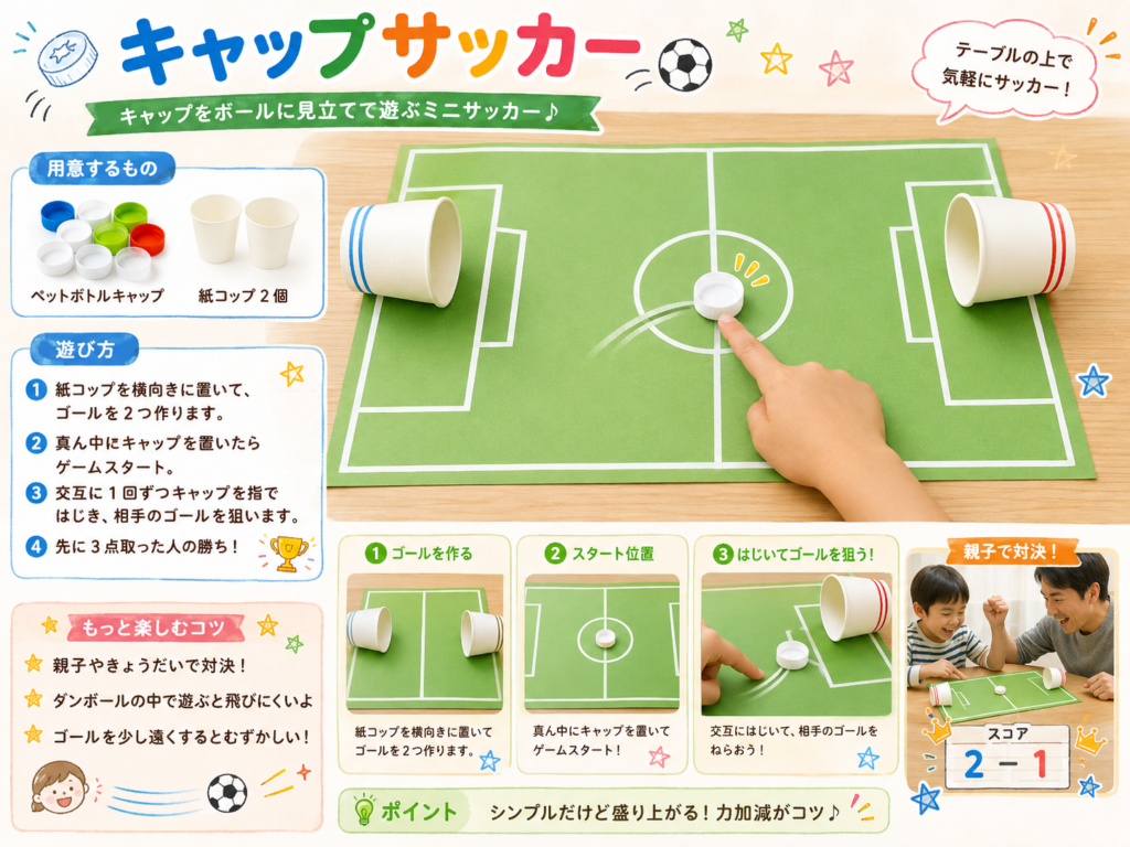 ペットボトルキャップをボール代わりにして、紙コップのゴールを狙って遊ぶ「キャップサッカー」の遊び方を紹介する画像。