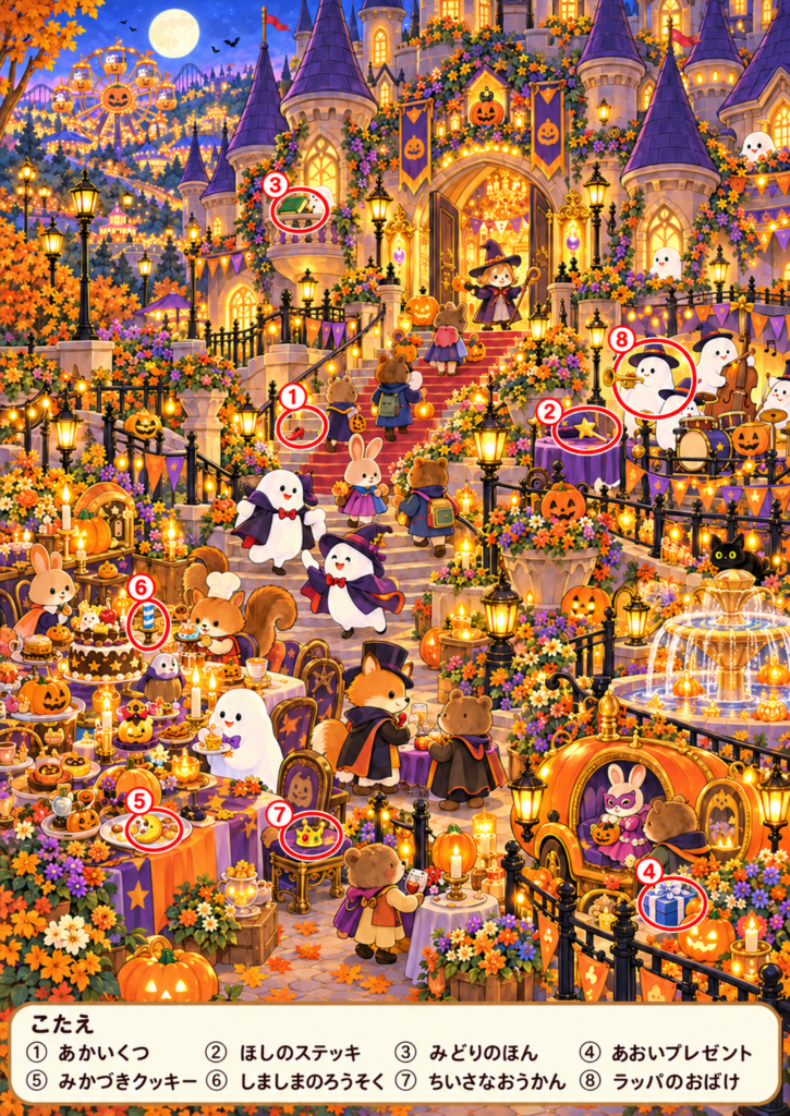 魔女のお城で仮装パーティーを楽しむおばけや動物たちを描いた、ハロウィン探し絵の答え。8つの探し物の位置を番号付きの赤丸で示しています。
