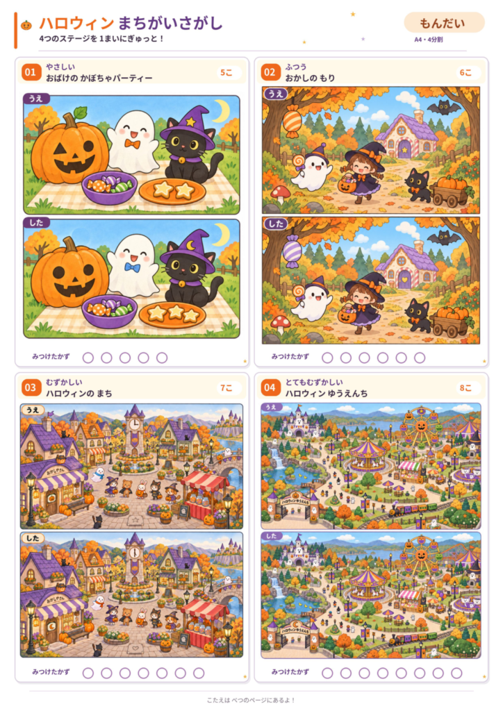 ハロウィン間違い探しの無料プリント4分割版。かぼちゃパーティー、おかしの森、ハロウィンの街、遊園地の4問をA4用紙1枚にまとめた問題画像。