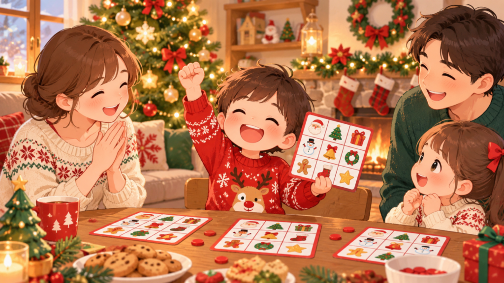 クリスマスツリーのあるリビングで、家族みんなでクリスマスビンゴを楽しみ、男の子がビンゴカードを持って喜んでいるイラスト