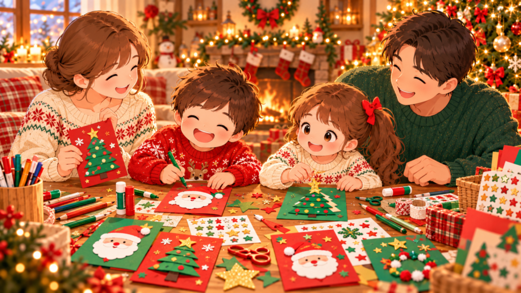 クリスマスの飾りつけをした部屋で、親子が赤や緑の画用紙を使ってクリスマスカードを作っているイラスト