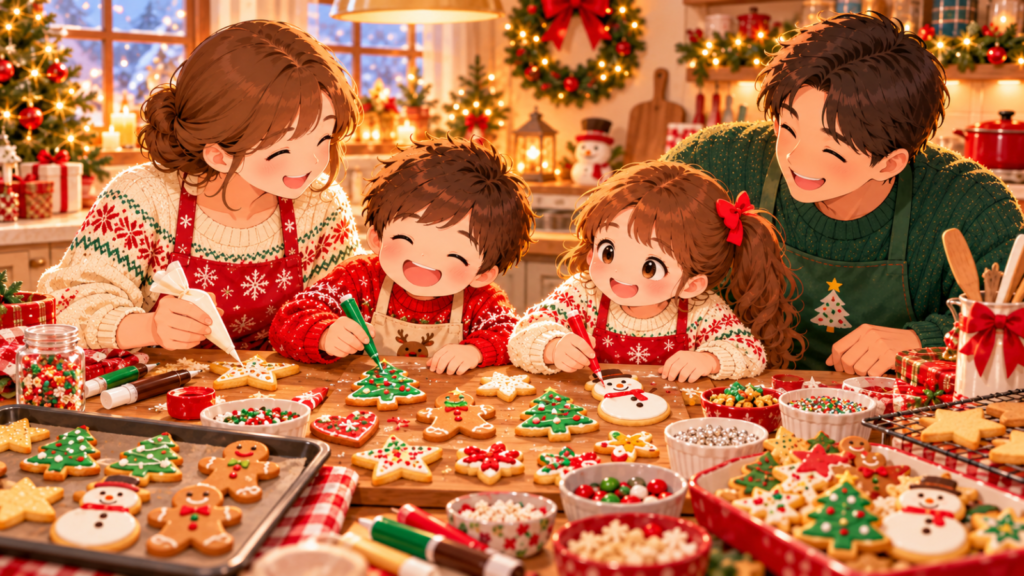 クリスマスの飾りつけをしたキッチンで、親子が星やツリー、雪だるま、ジンジャーブレッド風のクッキーを楽しく飾り付けしているイラスト