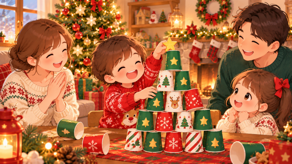 クリスマスの飾りつけをした部屋で、子どもが紙コップを積み上げてクリスマスツリーを作り、家族が笑顔で見守っているイラスト